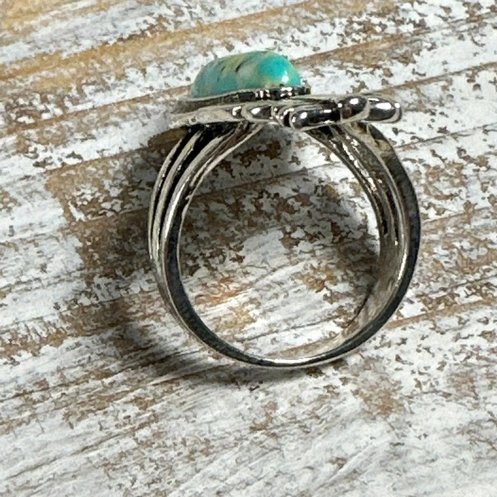 Southwestern Feather Turquoise Statement Ring Silver Tone Split Shank Size 8.25